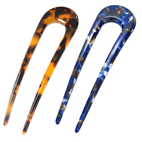 French Hair Pins Tortoise Shell French Hair Forks U Shaped French Pins 2 Prong Hair Sticks Acetate Chignon Pin for Women Hairstyle Accessories 2 Pack - color: french pins hair 2 pack