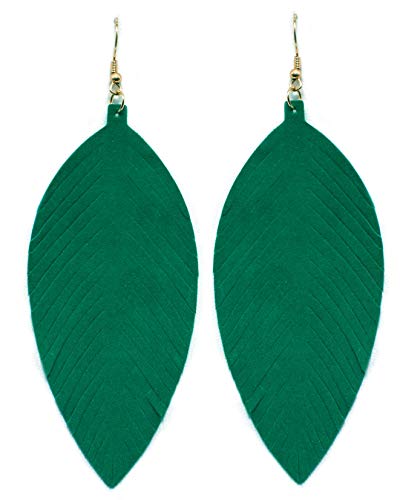 Large Genuine Soft Leather Handmade Fringe Feather Lightweight Tear Drop Dangle Color Earrings for Women Girls Fashion - color: Green