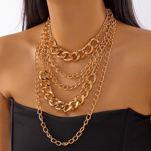 Layered Necklaces for Women Punk Chunky Gold Statement Necklaces Dainty Multi Layer Necklace Jewelry Accessories for Women - color: Gold