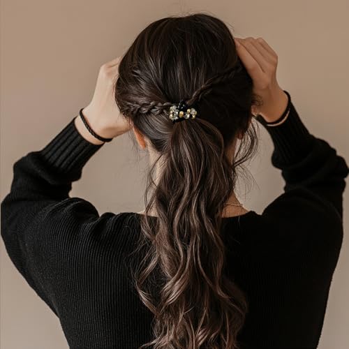10pcs Brown Hair Ties with Gold & Crystal Beads, Thin Elastic Ponytail Holders for Women - color: Beige, Khaki, Brown, Dark Brown, Black