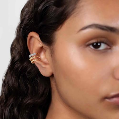 MTMY Gold Ear Cuff Earring for Women 14K Gold Plated Cubic Zirconia Non-Pierced Clip on Cartilage Chunky Ear Cuffs Hypoallergenic Jewelry - style: cz triple / pair