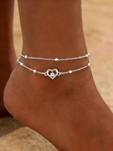 Yalice 925 Silver Ankle Bracelets Chain for Women Dainty 14K Gold Plated Waterproof Beads Anklets Layered Beach Foot Jewelry Gift - color: Silver-HeartA