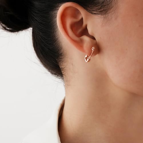 CHIC & ARTSY 925 Sterling Silver Safety Pin Earrings - Lightweight Comfortable Punk Paperclip Cartilage Hoop Earrings, Trendy Industrial Style Jewellery for Women and Men - color: Rose-Small Heart