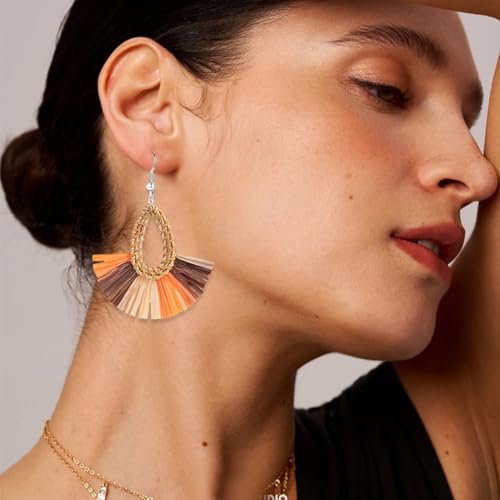 Boho Summer Beach Earrings for Women Lightweight Straw Wicker Earring Statement Raffia Fan Round Tassel Dangle Drop Earrings Hawaii Jewelry - style: Orange Teardrop