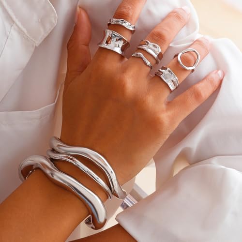 Chunky Rings for Women Adjustable Thick Rings Set Trendy Statement Stackable Ring for Women Chunky Jewlery Irregular Dome Flower Finger Knkuckle Thumb Ring - style: Style 3 - 6pcs s
