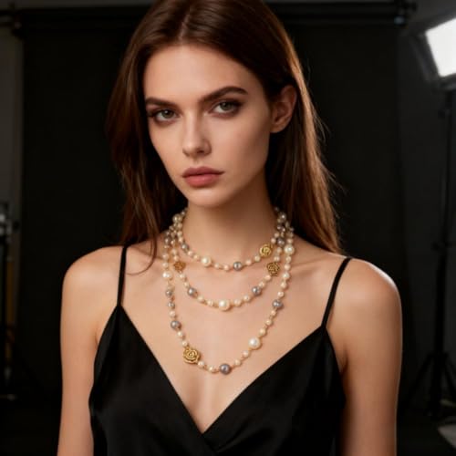 Layered Pearl Necklaces for Women Big Pearl Long Chain Necklace Dainty Faux Pearl Necklaces Statement Sweater Strand Chain Jewelry - style: SetF