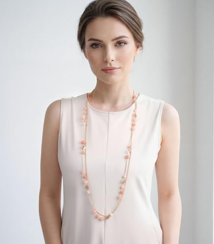 FULU AUTUMN Boho Gold Long Necklaces for Women Natural Stone Beaded Layered Long Necklace Mothers Day Gifts Dainty Flower Costume Jewelry for Women - color: Pink