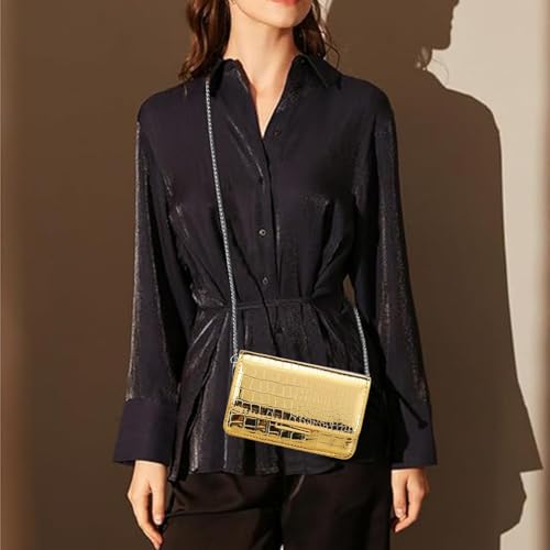 Small Crossbody Purse Bag for Women，Y2K Cute Metallic Croc-Embossed Handbag with Chain Strap - color: Medium Gold（fit Your Phone）