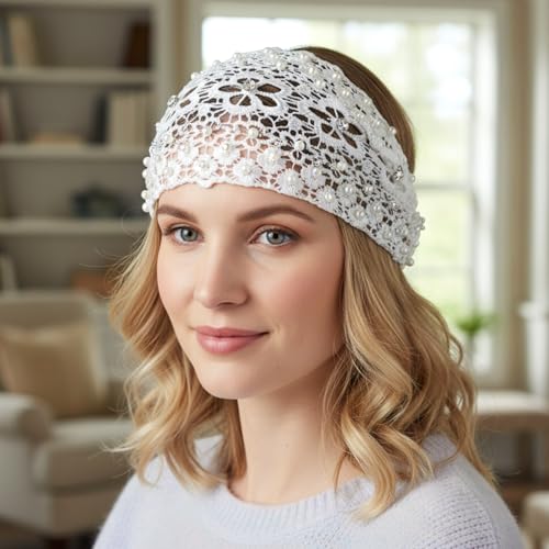 Tucnoeu 3pcs Boho-Chic Crystal & Pearl Embellished Wide Headbands, Wide Boho Pearl Headband for Wome, Floral Beaded Lace Elastic Headband Suitable for Daily Wear and Weddings Stylingvarious Holidays - color: blue, white, silver