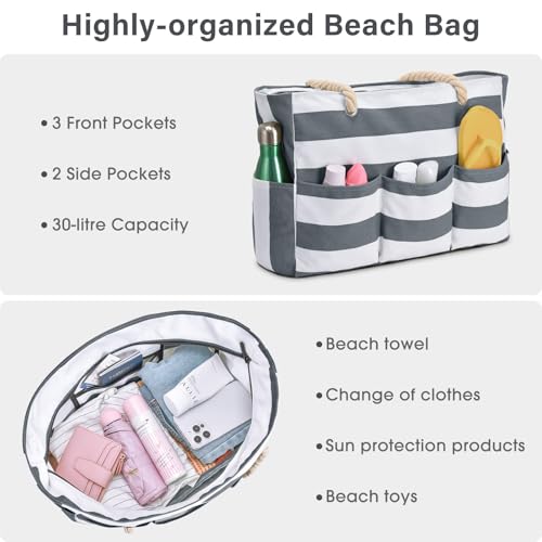 Becokan Beach Bags for Women Canvas Large Beach Tote Bag Zipper Waterproof Sandproof Foldable Swim Pool Bag with 7 Pockets - color: Dark Grey