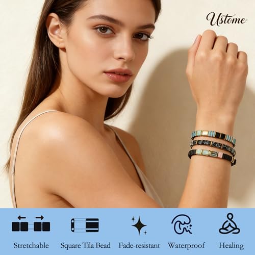 Tila Flat Square Stack Beaded Bracelets Set for Women Men, Boho 3Pcs Romantic Handmade Healing Gold Colorful Stretch Accessories Jewelry, Daily Vacation Party Holiday Friendship Gift - color: Green Black
