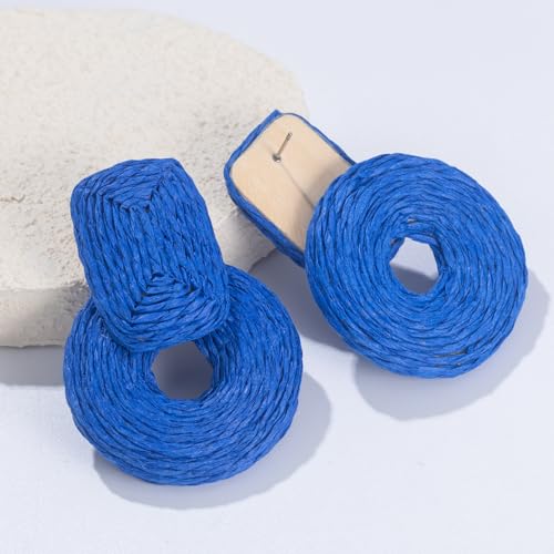 Statement Raffia Earrings Cute Boho Earrings Rattan Dangle Earrings Handmade Straw Wrap Earrings Summer Drop Dangling Earrings for Women Teen Girls - color: Royal Blue