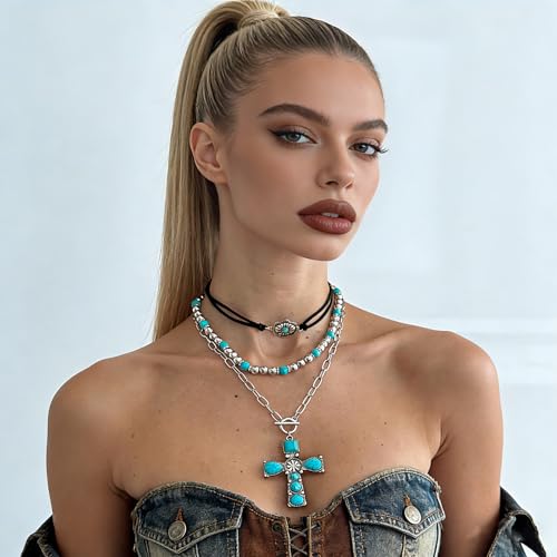 Western Necklaces Boho Turquoise Cross Necklace Set Navajo Pearl Beaded Layered Choker Cowgirl Christian Western Jewelry for Women - color: Style-B