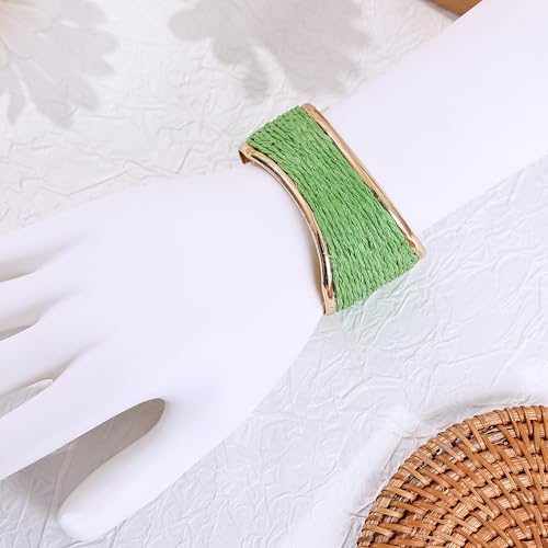 Raffia Colorful Chunky Cuff Bracelet For Women Statement Irregular Wave Vacation Tropical Beachy Spring Summer Wide Open Bangle Handmade Boho Costume Jewelry Accessories - color: green