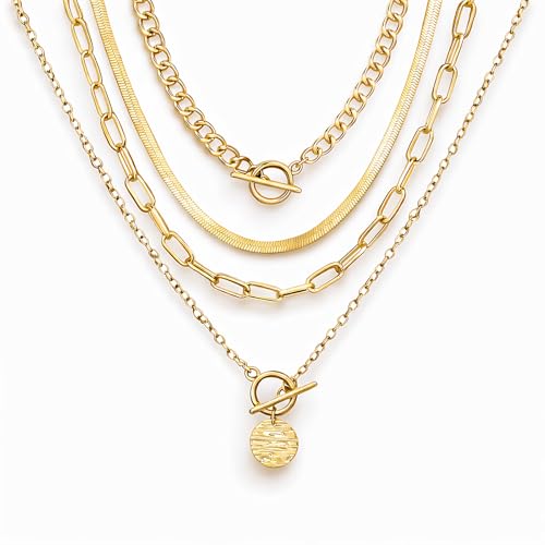 iF YOU Vintage Gold Layered Necklaces for Women Trendy, Chunky Cuban Link Paperclip Chains Necklace Stack, Coin Pendant Necklace Set Jewelry Gifts - style: 4-layer gold snake necklaces