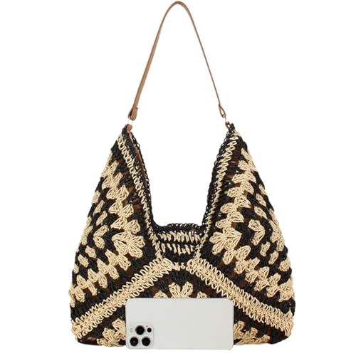 Straw Hobo Bag for Women 2026 Boho Woven Beach Purse Large Summer Straw Tote with Lining Black Raffia Shoulder Bag | straw material - color: Black1 With Khaki Strap