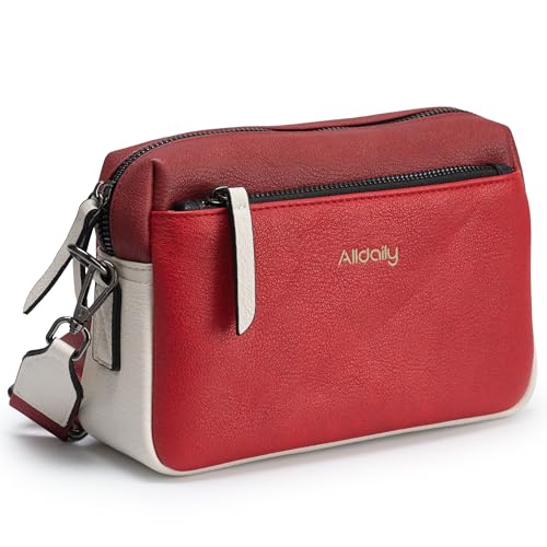 Alldaily Small Triple Zip Crossbody Purse for Women, Vegan Leather Phone Bag with Wide Shoulder Strap - color: Red & White & Red
