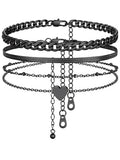 FindChic Black/Silver/Gold Plated Anklets Set of 2PCS/3PCS Herringbone Chain Cuban Link Heart Charm Sparkling Tennis Ankle Bracelets, Waterproof Summer Foot Jewelry for Beach - color: 01. Black-3PCS Cuban & Herringbone & Beaded Heart