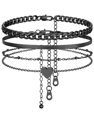 FindChic Black/Silver/Gold Plated Anklets Set of 2PCS/3PCS Herringbone Chain Cuban Link Heart Charm Sparkling Tennis Ankle Bracelets, Waterproof Summer Foot Jewelry for Beach - color: 01. Black-3PCS Cuban & Herringbone & Beaded Heart