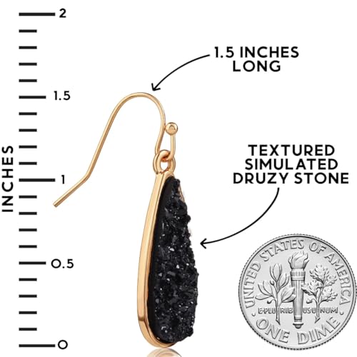 Teardrop Dangle Earrings for Women with Simulated Druzy Stones, in Gold or Rose Gold Tone - color: Gold - Black Stone
