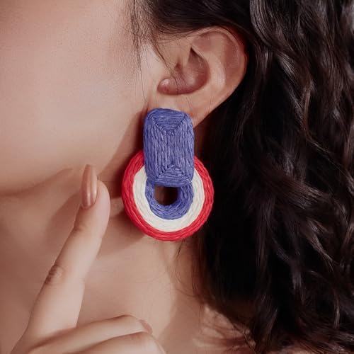 Statement Raffia Earrings Cute Boho Earrings Rattan Dangle Earrings Handmade Straw Wrap Earrings Summer Drop Dangling Earrings for Women Teen Girls - color: White/Red/Blue