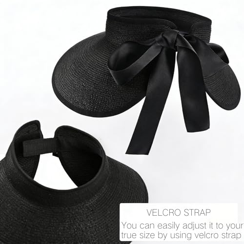 Women's Sun Visor Hats Wide Brim Beach Hat Straw Ponytail Visor Packable Foldable UPF 50+ Floppy Travel Hats - color: Black01
