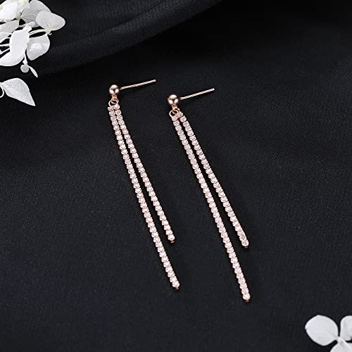 SLUYNZ 925 Sterling Silver Simulated Diamond Drop Earrings Linear Dangle Earrings for Women Teens Eelgant Wedding Bridal Prom Earrings Dainty CZ Long Dangling Earrings Tassel 4.5 cm/7.5 cm - color: C-Rose Color-6.3cm