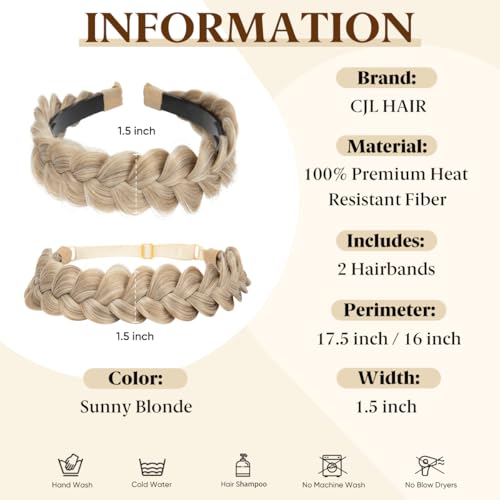 CJL HAIR 2PCs Braided Headbands Hair Piece for Women Synthetic Hair Hoops Head Bands Handmade Braid Hairband Accessories Elastic Stretch Headwrap Sunny Blonde - color: 2PCS-Sunny Blonde