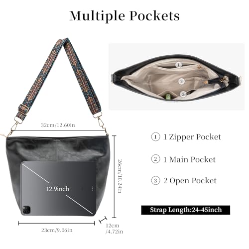 Hobo Bags for Women Crossbody Bag Guitar Strap Purse Vegan Leather Shoulder Handbags Boho Purses Tote Bucket Bag - color: Black