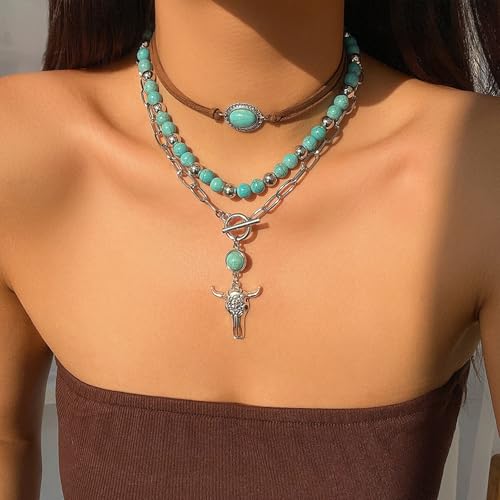 Layered Boho Necklaces for Women Gold Coin Pendant Necklaces Stackable Turquoise Choker Necklace for Women Western Jewelry - style: Style 5