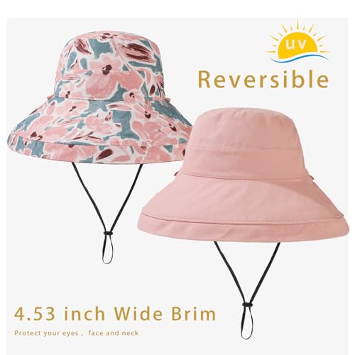 vidsel Womens Sun Hats Wide Brim Reversible Bucket Cotton Hat Packable Summer Travel Cap with Hat Clip,UV Protection - color: Pink, size: Medium