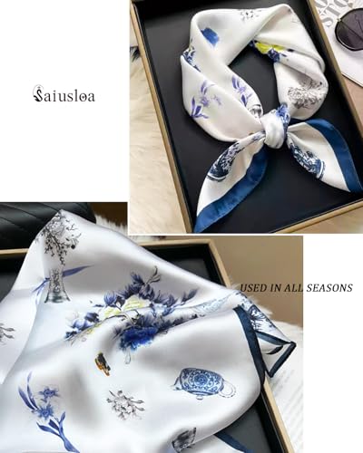Saiusloa Neck Scarf For Womens Silky Head Scarves Hair Bandanas Square Scarf Fashion Accessories lightweight - color: 18-cyan Bellflower