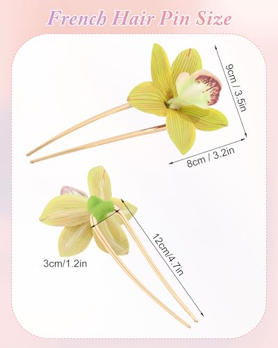 WELROG 3 Pack Hawaiian Orchid Flower Hair Pins,Metal Hair Sticks for Beach Vacation,Non-Slip Fork for Thick Hair Updo - color: Red+Yellow+Green