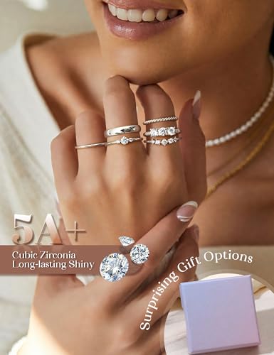 Besteel Gold Rings for Women - Non Tarnish 14K Gold Plated Stackable Rings, Dainty Cubic Zirconia Thin Thumb Ring Set, Trendy Statement Promise Wedding Bands Engagement Ring for Women Size 6-10 - color: Silver Plated