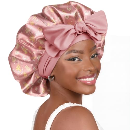 YANIBEST Adjustable Satin Bonnet for Sleeping Women Double Layer Hair Wrap Reduce Friction Prevent Frizz Natural Curly Hair - color: Flowers