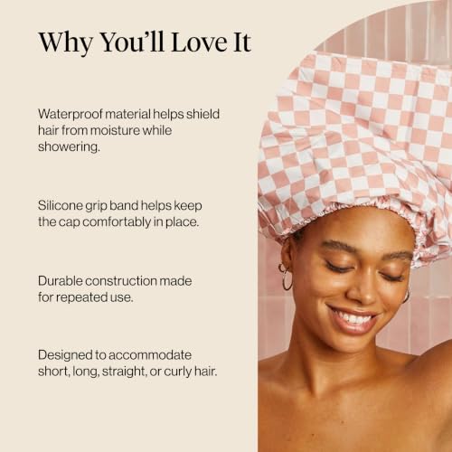 Kitsch Luxury Satin-Lined Flexi Shower Caps for Women Reusable Waterproof - Large Wide Shower Cap for Women & Men, Adjustable, Stylish Hair Cap for Showers, For Long & Short Hair - Terracotta Checker - color: Terracotta Checker