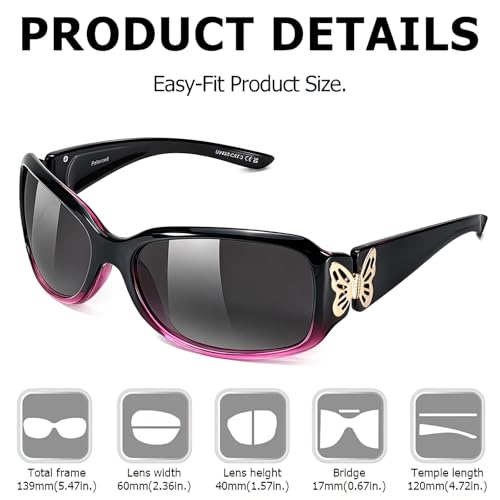 TJUTR Polarized Sunglasses for Women with Wrap Around Butterfly Design, Trendy Jackie-O Style for UV400 Protection - color: A7 Gradient Purple Frame Grey Lenses