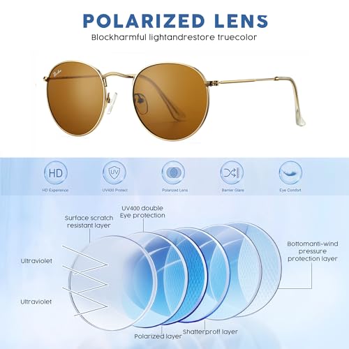 Pro Acme Polarized Round Sunglasses for Women Men Classic Retro Circle Metal Sun Glasses 50mm - color: E Gold Frame Brown Lens