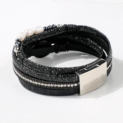 Artilady Leather Wrap Bracelets for Women - Pearl Bracelets Handmade Clasp Bangle Bracelet with Beads Jewelry Gift for Women and Mother - style: So She Did, Black