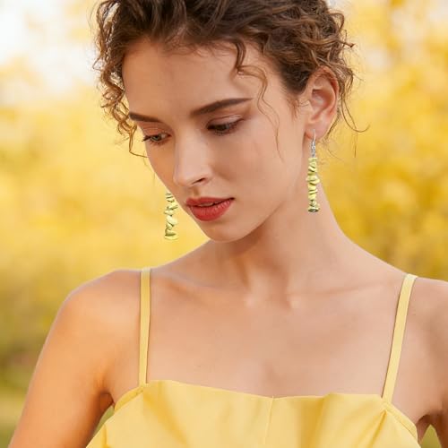 Handmade Bohemian Vintage Silver Nature Stone Beads Long Dangle Drop Earrings for Women - color: Light Yellow