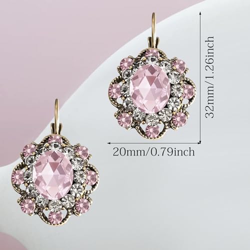 Handmade Bohemian Vintage Gold Sparkly Crystal Round Flower Leverback Earrings Cute Rhinestone Geometry Dangle Drop Earring for Women - color: Pink