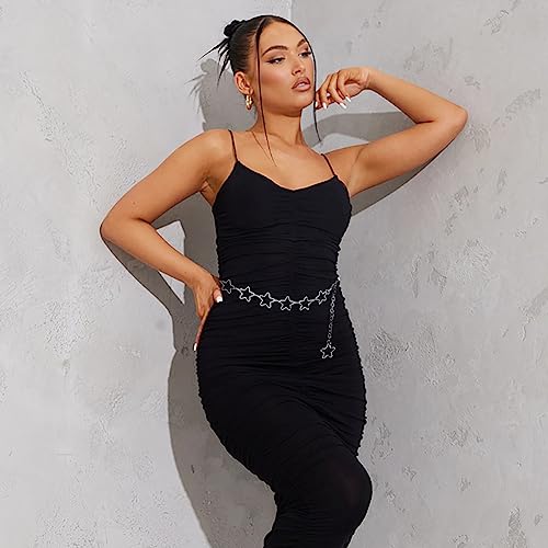 Long Tassel Waist Chain Belt for Women, Adjustable Metal Body Belly Belt Chain for Dress - color: Silver Star, size: XL: (Fit Waist 59.1in)