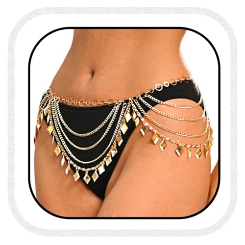 Brishow Gold Waist Chain Belt for Women Boho Layered Waist Chain with Charms Festival Hip Chain Body Jewelry for Beach, Bikini, Dance