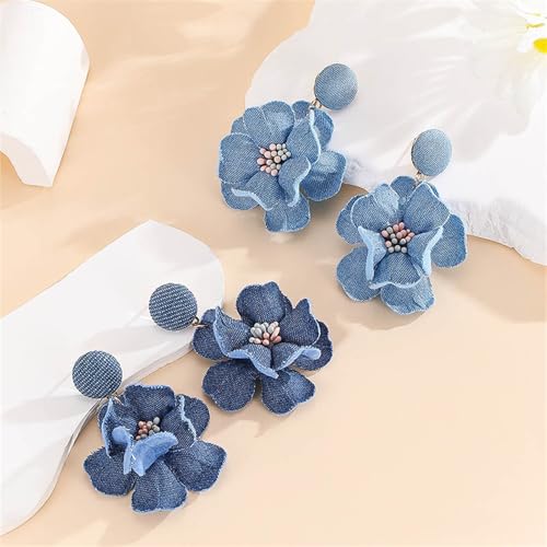 coadipress Boho Denim Camellia Flower Dangle Earrings for Women Exaggerated Big Layered Tiered Blossom Floral Drop Long Earring Chic Statement Earrings Wedding Bridal Jewelry Gifts - style: Flower Core Light Blue