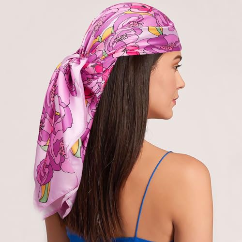 Molans 35" Silk Satin Square Head scarves - 4Pcs Large Scarfs Hair Bandana Head Kerchief Neck Scarf Sleeping Wraps for Women - color: Red/Pink/Yellow/Blue