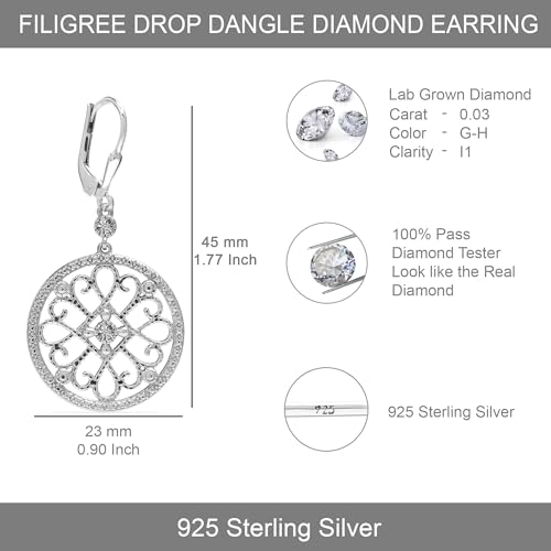 LeCalla 925 Sterling Silver Leverback Drop Earrings | Lightweight Celtic-Knot Filigree Heart Teardrop Dangle Earring for Women's Gift for Her - color: Lab-Grown Diamond 0.03Ct Filigree
