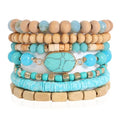 RIAH FASHION Bohemian Beaded Multi Layer Versatile Statement Bracelets - Natural Stone Wood Rondelle Bead Mix Stretch Bangles - color: Turquoise