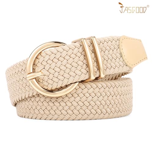 JASGOOD Women Men Braided Woven Elastic Stretch Waist Belt Golf Canvas Fabric Casual Belt for Jeans Pants - color: B-beige, size: Fit Size 33"-36"