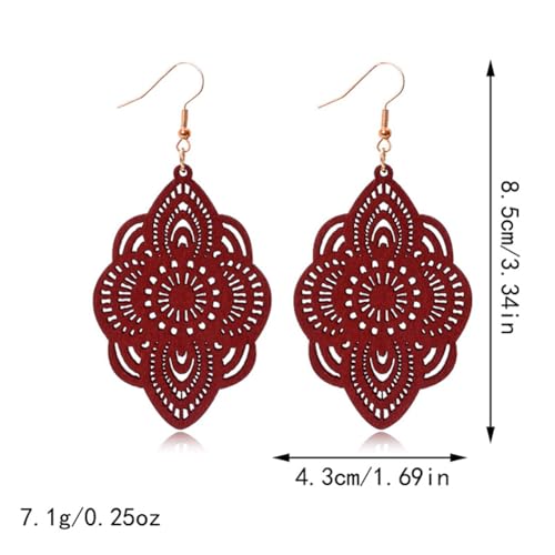 Bohemian Wood Earrings Natural Retro Lightweight Hollow Pattern Geometric Wooden Dangle Drop Earrings Statement Vintage Jewelry - color: Wine Red Earrings