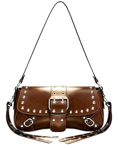 Y2K Trendy Purse for Women, Leather Buckle Punk Hobo Clutch Purses Bags for Ladies Top Handle Shoulder Bag - color: Brown Silver